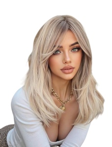 Peruca pentru femei, par scurt bob, cu breton, imita parul natural, culoarea blond auriu cu radacina inchisa, lungime 40 cm