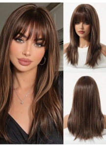Peruca pentru femei, tunsoare par lung, cu breton, 45.7 cm, saten maro suvitat - Img 3