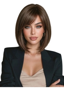 Peruca pentru femei, tunsoare par scurt bob, cu breton, 25 cm, saten maro