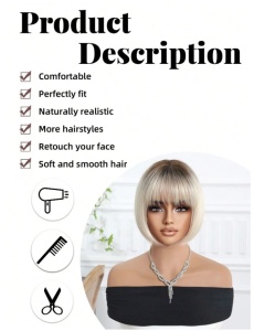 Peruca pentru femei, tunsoare par scurt bob, cu breton, lungime 25.4 cm, culoarea blond auriu cu radacini inchise - Img 6