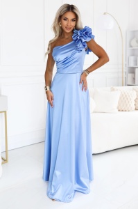 Rochie de seară maxi din satin, cu un umăr gol, cu volănaș decorativ - albastru deschis