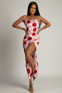Rochie din satin - Flori roz