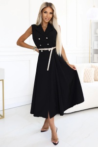 Rochie elegantă midi cu nasturi aurii și curea - neagră - Img 4