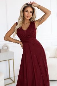 Rochie lungă de seară cu accent de brocart și decolteu adânc - vișiniu - Img 2