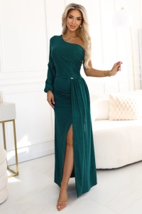 Rochie maxi cu un singur umăr, cu sclipici, mâneci asimetrice și crăpătură - verde sticlă