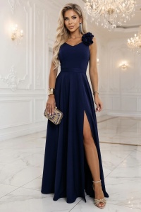 Rochie maxi elegantă de seară cu șlit și trandafiri - bleumarin