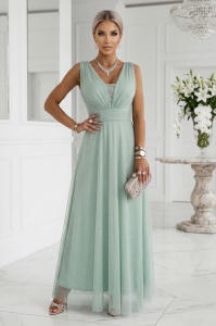 Rochie maxi lungă cu accent brocat și decolteu adânc - verde fistic