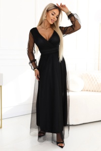 Rochie maxi lungă cu mâneci din tulle și decolteu tip plic - neagră