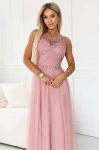 Rochie maxi romantică pentru nuntă cu dantelă brodată și tul - roz pudrat - Img 4