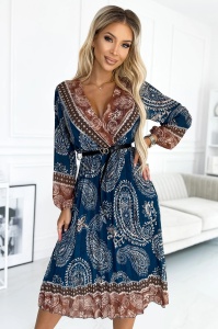 Rochie midi plisată cu decolteu, mânecă lungă și curea neagră - model albastru-maro