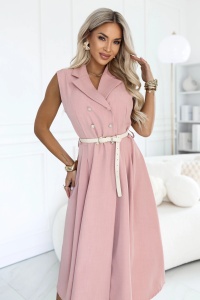 Rochie tip cămașă midi elegantă cu nasturi aurii și centură - roz pudrat