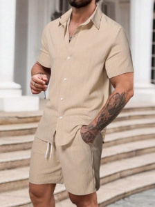 Set casual compus din camasa cu maneca scurta si pantaloni scurti cu snur pentru barbati, culoarea bej - Img 2