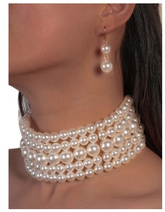 Set colier choker din multiple siraguri de perle albe faux si cercei perla, culoarea alb