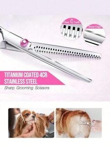 Set foarfece profesionale grooming animale 6 in 1, otel inoxidabil, foarfece curbate si drepte, pieptene inclus, pentru caini si pisici, dreptaci - Img 6