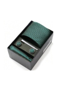 Set pentru barbati, include cravata, batista de buzunar, butoni, clema de cravata in design clasic, culoarea verde, The Casius.®