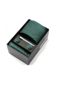 Set pentru barbati, include cravata, batista de buzunar, butoni, clema de cravata in design clasic, culoarea verde, The Casius.® - Img 2