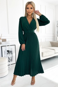 VIVIANA Rochie midi plisată cu decolteu, mânecă lungă și cordon lat - VERDE STICLĂ