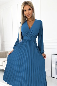 VIVIANA Rochie plisată midi cu decolteu, mânecă lungă și cordon lat - culoare JEANS - Img 4