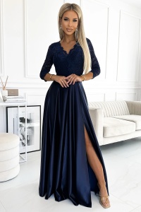 AMBER rochie lungă din SATIN cu dantelă și decolteu - în culoare NAVY