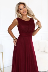 AVELINE Rochie maxi lungă din tul cu sclipici și decolteu rotund - bordo - Img 2