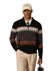 Cardigan pentru barbati captusit, cu fermoar, model in dungi, culoarea negru gri maro