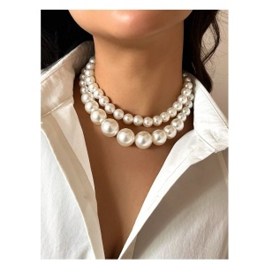 Colier choker cu doua randuri de perle faux, diametru 35+7 cm, culoarea alb - Img 2