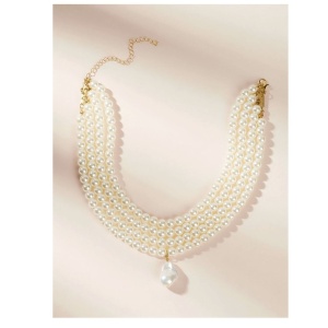 Colier choker din perle albe faux pentru femei, model la baza gatului cu pandantiv perla, model B, culoarea alb - Img 4