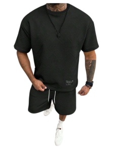 Compleu de tricou si pantaloni scurti pentru barbati, material texturat, culoarea negru