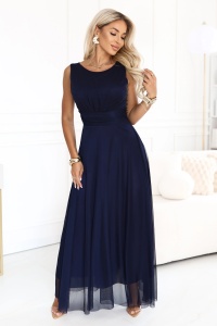 ELIRA Rochie maxi lungă din tul cu decolteu rotund - bleumarin
