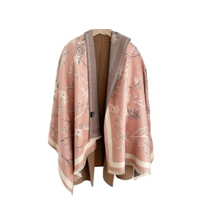 Esarfa lunga tip sal pentru dama din materiale premium, model flori pe ramuri, 185 x 65 cm, culoarea roz si bej, The Casius.®