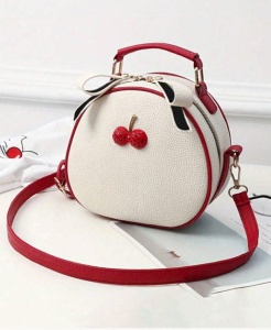 Geanta de mana rotunda Mini Cherry, crossbody, cu maner superior, dimensiuni 20x20x9 cm, culoarea alb si rosu - Img 2