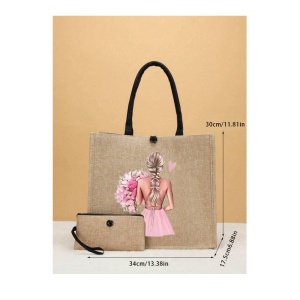 Geanta tote din material de in cu portofel, model Fata cu buchet mare de flori roz, 34x30x17.5 cm - Img 4