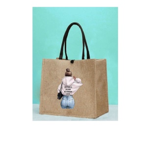 Geanta tote din material de in cu portofel, model Fata cu hanorac alb, 34x31x15x15 cm, culoarea bej - Img 6