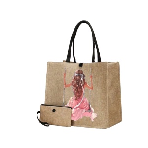 Geanta tote din material de in cu portofel, model Fata in legan, 34x30x17.5 cm, culoarea bej