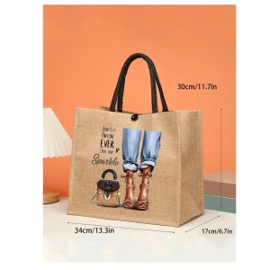 Geanta tote din material de in cu portofel, model Fata pe tocuri, 34 x 31 x 15 cm cm, culoarea bej - Img 4