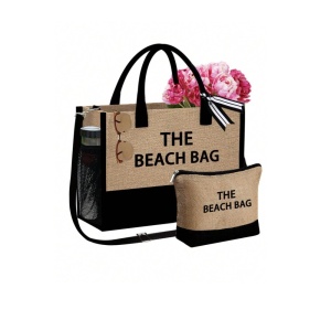 Geanta tote din material de in cu portofel, model The Beach Bag, 41.5x13x31.5 cm, culoarea bej