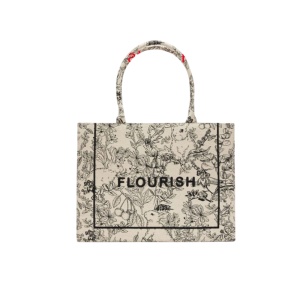Geanta tote, material exterior textil, design floral vintage Flourish, 41x15x32 cm, culoarea bej gri