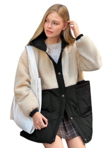 Jachetă damă casual primăvară-toamnă cu blană artificială, design contrastant, închidere cu capse, buzunare laterale, stil elegant și confortabil