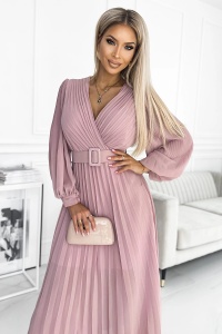 KLARA rochie plisată cu centură și decolteu - ROZ PUDRĂ - Img 3