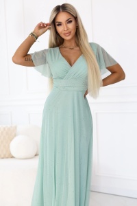 MELANIA Rochie lungă lucioasă cu decolteu și mânecă scurtă - verde fistic - Img 4