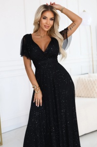 MELANIA Rochie lungă și strălucitoare, cu decolteu și mâneci scurte - neagră