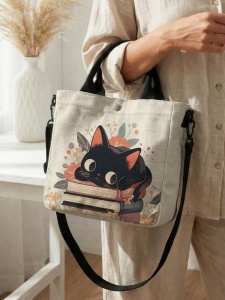 Mini geanta tote dama din panza cu imprimeu pisica, inchidere cu capse, curea crossbody detasabila, model multifunctional - Img 3