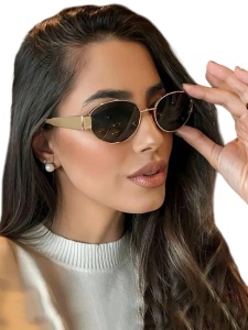 Ochelari de soare retro ovali pentru femei, lentila inchisa la culoare, rama aurie
