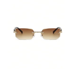 Ochelari de soare unisex retro dreptunghiulari, fara rama, lentile maro, design minimalist metalic, stil Y2K - Img 4