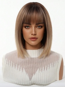 Peruca bob cu breton, lungime 30 cm, culoarea blond deschis suvitat cu radacinile inchise - Img 3