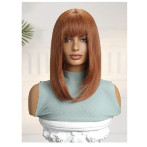 Peruca pentru femei, bob lung cu breton, imita parul natural, 40 cm, culoarea roscat - Img 3