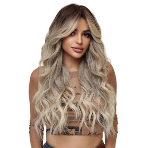 Peruca pentru femei cu par lung ondulat, breton, culoarea blond cenusiu balayage, 65 cm