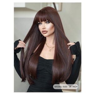 Peruca pentru femei, par lung cu breton, imita parul natural, 70 cm, culoarea maro roscat - Img 3