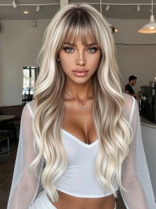 Peruca pentru femei, par lung ondulat, cu breton, 66 cm, culoarea blond rece suvitat, radacini inchise - Img 2