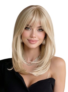 Peruca pentru femei, par lung ondulat, cu breton, imita parul natural, 35.5 cm, culoarea blond deschis, theCasius.®